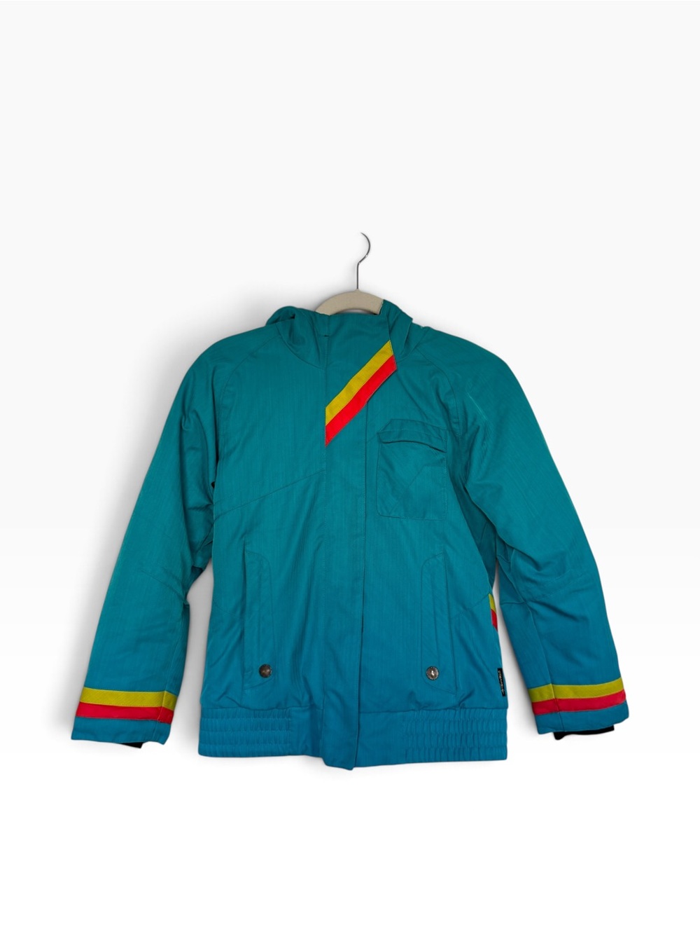 Obermeyer Teal Hooded Kids Puffer with Red and Yellow Stripe Accents